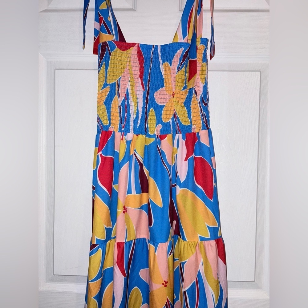 Women's Blue Multicolor Floral Smocked Ruffle Tiered A Line Maxi Dress Size L - Picture 5 of 7